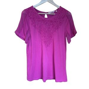 Soft Surroundings Lace Embroidered Pink Shirt Sleeved T-Shirt 100% Cotton Sz S